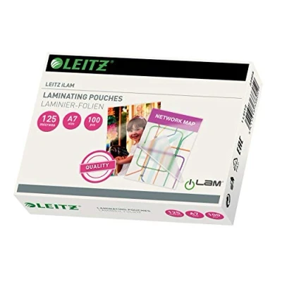 Abbildung von Leitz Heißlaminierfolien A7 125 mic, Hochwertige Laminierfolien im 100er Pack, mit abgerundeten Ecken, transparent, glänzend, ideal für Karten, 33805