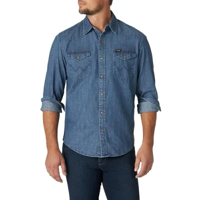 Abbildung von Wrangler Herren Iconic Regular Fit Snap Shirt Hemd mit Button Down Kragen, Mid Tint Denim, XL