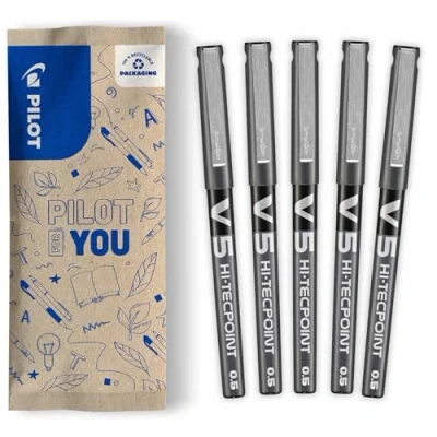 Abbildung von Pilot Hi Tecpoint V5 Tintenroller feine Stifte mit flüssiger Tinte und 0,5 mm Spitze für präzises Schreiben, schnell trocknende, auslaufsichere 5er Set Schwarz dokumentenecht