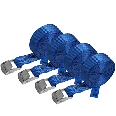 Abbildung von Zurrgurt Spanngurt Befestigungsgurt Klemmverschluss belastbar bis 250 kg DIN EN 12195 2 Befestigungsriemen blau verschiedene Längen Stückzahlen, 4er Pack 2.5 cm x 6 m