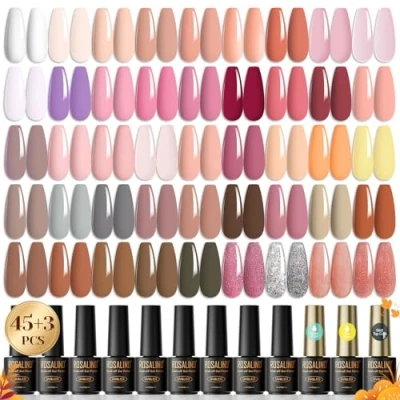 Abbildung von ROSALIND UV Nagellack Nudefarben Rosa Set, 48 Stück Shellac Set Lack mit Top Coat Matt Base Gel Glitzer Schellack für Nagelstudio Design Nagel Gelnägel Halloween