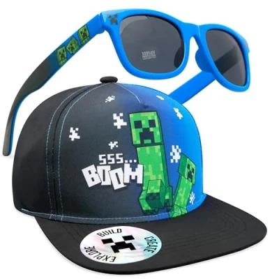 Abbildung von Minecraft Basecap Kinder Jungen Set Snapback Cap und Sonnenbrille UV Schutz Creeper Sonnenschutz Kappe Geschenke Jungs (6 14 Jahre, Schwarz/Blau)