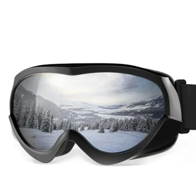 Abbildung von OutdoorMaster Kinder Skibrille Helmkompatible Schneebrille für Jungen &amp; Mädchen mit 100% UV Schutz (schwarzer Rahmen + VLT 10% graue Linse REVO Silber)