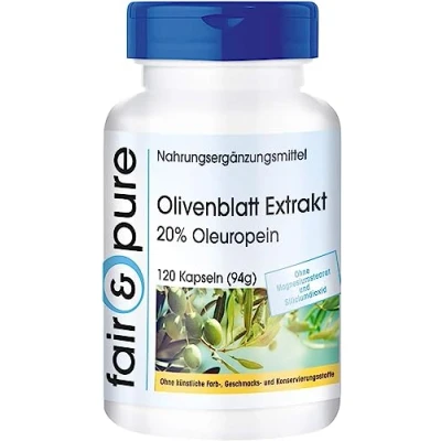 Abbildung von Fair &amp; Pure® Olivenblatt Extrakt 500mg 120 Kapseln standardisiert auf 20% Oleuropein vegan ohne Magnesiumstearat