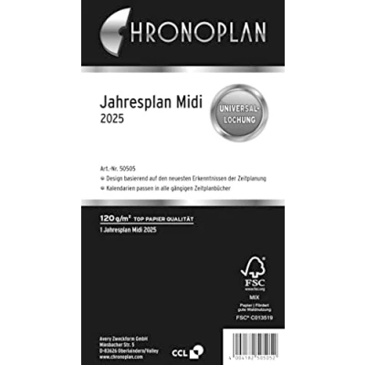Abbildung von Chronoplan 50505 Kalendereinlage 2025 (Jahresplan Midi (96x172mm) Ersatzkalendarium für Terminplaner, übersichtliche Jahresplanung, 1 Monat auf Seite zum Aufklappen mit Leporello Falzung) weiß