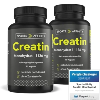 Abbildung von Sports Affinity Creatin Monohydrat Kapseln 3408 mg pro Tagesdosis Geschmacksneutral Zur Erhöhung der körperlichen Leistung Made In Germany 180