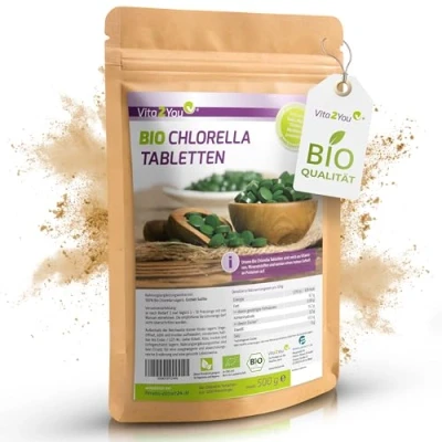 Abbildung von Vita2You Bio Chlorella Tabletten 400mg pro Tablette 1250 Presslinge 500g Algen aus Ökologischen Anbau Rohkost im Zippbeutel