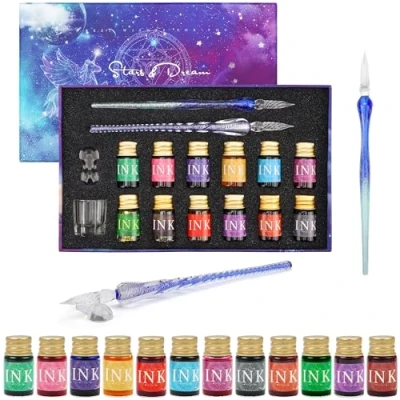 Abbildung von BELLE VOUS 16 tlgs. Kalligraphie Set mit Halter, Tintenflaschen &amp; Leerem Fläschchen 2 x Feder Stift Kalligrafie für Einsteiger Erwachsene 12 7 ml Verschiedene Tinte Farben