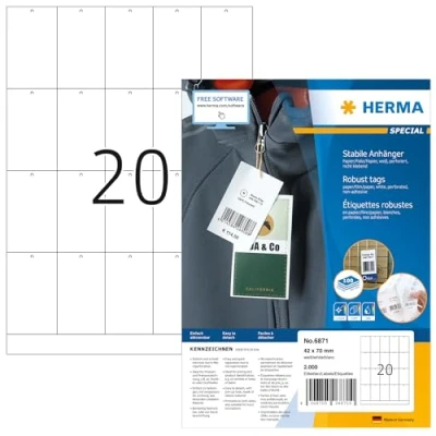Abbildung von HERMA 6871 Stabile Anhänger perforiert, 100 Blatt, 42 x 70 mm, 20 pro A4 Bogen, 2000 Stück, bedruckbar, matt, blanko Preisanhänger Produktanhänger aus Papier/Folie/Papier Verbund, weiß