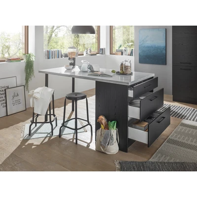 Abbildung von NEW YORK Moderne Kücheninsel freistehend in Graphit Schwarz, Marmor Optik FSC zertifiziert Geräumige Kochinsel mit Arbeitsplatte 180 x 91 90 cm (B/H/T)