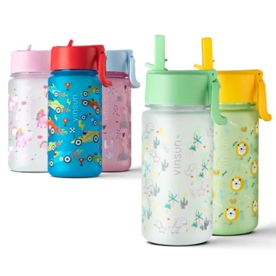 Abbildung von VINSUN Trinkflasche Kinder 500ml Dinosaurier Strohhalm Deckel, auslaufsicher, BPA frei, Kohlensäure geeignet, Tritan Wasserflasche für Kindergarten, Schule, Sport