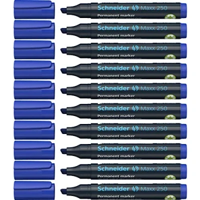 Abbildung von Schneider Maxx 250 Permanent Marker mit Keilspitze (Strichstärke: 2+7 mm, nachfüllbar) 10er Packung blau