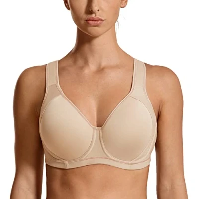 Abbildung von SYROKAN Damen Sport BH Starker Halt Verstellbarer X Rücken, Große Brüste Leicht Gefüttert BHS mit bügel für Fitness Lauf Joggen Beige A262 90D