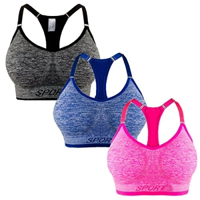 Abbildung von Libella 3er Pack Damen Sport BH Bustier Comfort Reissverschluss Gepolsterter Push UP Stützfunktion verstellbare Träger Ohne Bügel Yoga Fitness 3714 Grau +Blau+Pink LXL