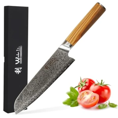 Abbildung von Wakoli Oribu Santokumesser I 18 cm Klinge AUS 67 Lagen japanischem Damaststahl, 10 Kern, Olivenholzgriff Inklusive Geschenkbox, Scharf und langlebig