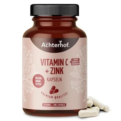 Abbildung von Vitamin C + Zink 120 Kapseln hochdosiert mit 310mg und 10mg natürlichem aus der Hagebutte vegan Immunschutzkombination vom Achterhof