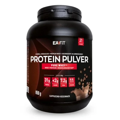 Abbildung von Whey Protein Pulver Cappuccino 850g Premium Molkenproteine für Muskelaufbau Isolate Eiweißpulver Proteinpräparate EAFIT made in France