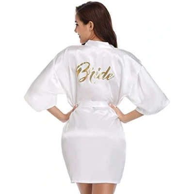 Abbildung von Vlazom Morgenmantel für Hochzeit Satin Kimono Badmantel Braut&amp;Brautjungfern V Ausschnitt Damen Robe mit Gürtel(XXL,Weiß Braut)