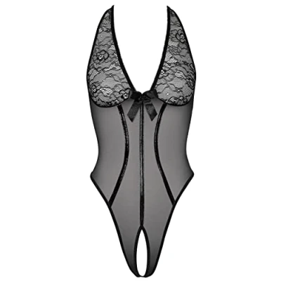 Abbildung von Orion Body erotischer Neckholder Stringbody für Frauen, mit floraler Spitzen Verzierung, Samt Schleife, Öffnung im Schritt, kurvenbetont, schwarz