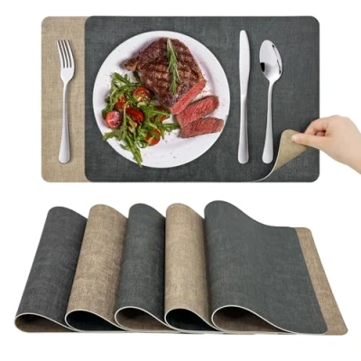 Abbildung von KitchenBoss Platzsets Abwaschbar Tischsets Abwaschbar: Platzdeckchen 6er Set Hitzebeständig Tischset rutschfest Doppelseitigen Platzset (Grau Aprikose) 43x30cm