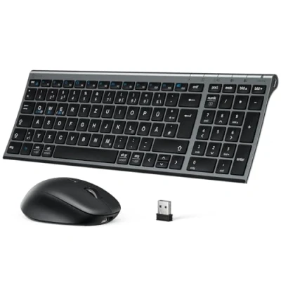 Abbildung von iClever Tastatur Maus Set Kabellos, Bluetooth mit Maus, Wiederaufladbare Dualmodus (Bluetooth 5.0+2.4G) Funktastatur für PC/Laptop, QWERTZ Layout, Schwarz&amp;Grau