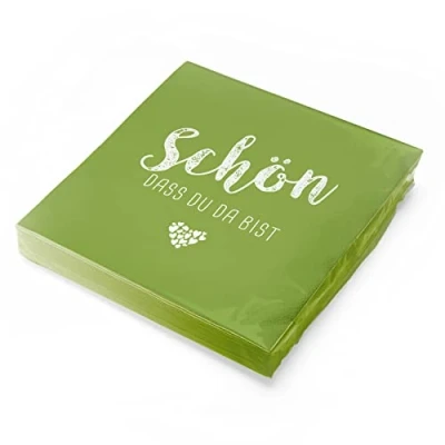 Abbildung von itenga Servietten Schön dass du da bist 30 x 30cm 3 lagig 20 Stück für Kommunion Konfirmation Hochzeit Taufe und andere Feiern (frühlingsgrün)