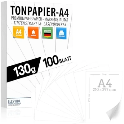Abbildung von 100 BLATT weißes Tonzeichenpapier 130g/m² PREMIUM PAPIER Reinweiß DIN A4 21 x 29,7 cm Druckerpapier Weiss unbedruckt für Fotografie, Präsentationen, Basteln, FOTOKARTON, Karton MADE IN GERMANY
