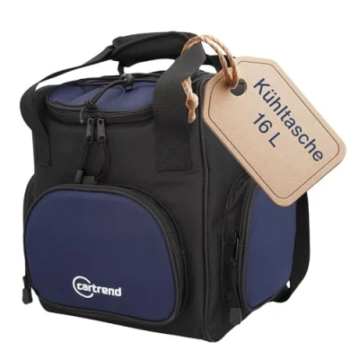 Abbildung von Cartrend Kühltasche 16 L, mit 12V KFZ Anschlusskabel 1,50 m lang, Verstellbarer Schultergurt, 3 Front und Seitentaschen Reißverschluss, Pflegeleichte Innenbeschichtung