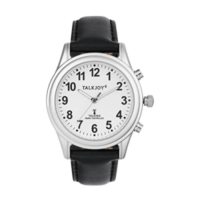 Abbildung von TalkJoy Profi Damen Sprechende Uhr Funkuhr Lederarmband Silber Seniorenuhr Blindenuhr Leder