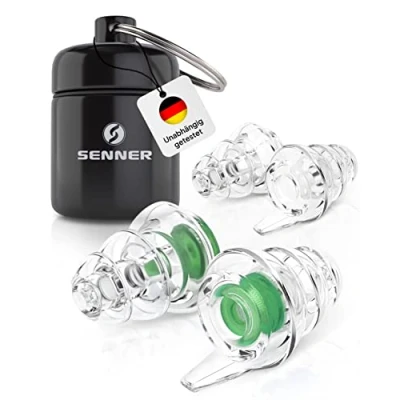 Abbildung von Senner MusicPro Gehörschutz für Festival, Konzert und Disco, Alubehälter, grün/transparent Gehörschutzstöpsel/Hörschutz Erwachsene Arbeitsschutz, Ohrstöpsel Musik, Earplugs