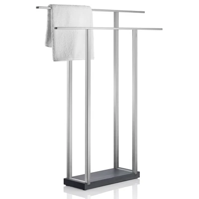 Abbildung von blomus MENOTO Handtuchständer aus mattiertem Edelstahl, Freistehend mit 2 Handtuchstangen, exklusive Optik, modernes Badaccessoire, einfache Montage (H / B T: 90 x 75 16 cm, 68694)