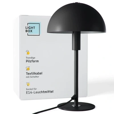Abbildung von Lightbox Pilz Tischlampe Home Office Schreibtischlampe mit Wipp Schalter LED Lampe (E14 Fassung) als Nachttischlampe, Büro und Schreibtisch Zubehör aus Metall in Schwarz Silberfarben