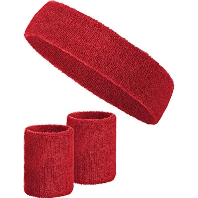 Abbildung von 3 teiliges Schweißband Set mit 2X Schweißbändern für die Handgelenke + 1x Stirnband Damen &amp; Herren (Rot)