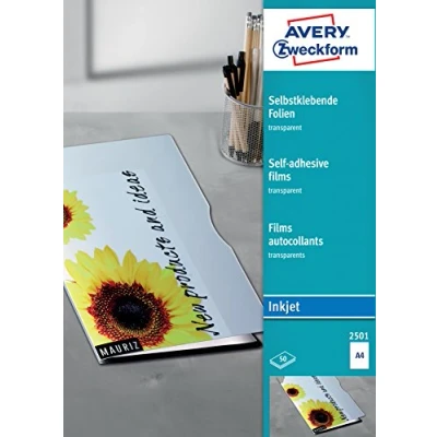 Abbildung von AVERY Zweckform 2501 Transparente Folien für Inkjetdrucker (50 selbstklebende mit hoher Farbbrillanz, A4, spezialbeschichtet, stapelverarbeitbar, fotorealistisch, Folienstärke 0,17mm)