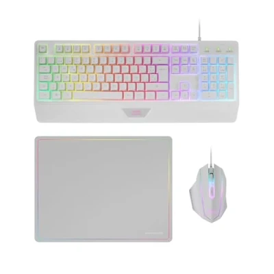 Abbildung von MARSGAMING MCP124, 3in1 Gaming Combo, Ergonomische H Mech LED RGB Tastatur, Maus 3200DPI HUANO Switches, Nanotextil Mauspad 360x260mm, Multiplattform Kompatibilität, Spanisches Layout, Weiß