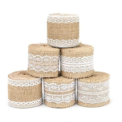 Abbildung von G2PLUS 12M Juteband mit Spitze, 5CM Vintage Basteln Jutebänder, Jute Spitze Dekoband für Hochzeit Geschenke Weihnachten Deko