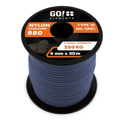 Abbildung von GO!elements 30m Paracord Seil aus reißfester Nylonschnur 4mm 550 Typ III Schnur Allzweckseil &amp; Reepschnur Max. 250kg, Farbe:Grau Blau
