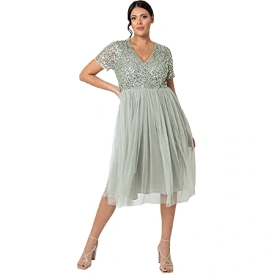 Abbildung von Maya Deluxe Damen Midi Kleid mit V Ausschnitt, Verziert Brautjungfernkleid, Grüne Lilie, 44