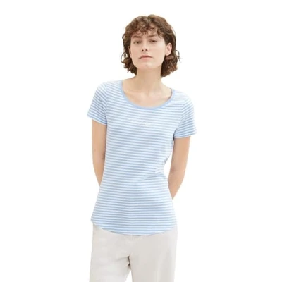 Abbildung von TOM TAILOR Damen Basic T Shirt mit Logo Print, 35628 Blue Stripes, XXL