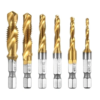 Abbildung von Qibaok 6 tlg Kombi Gewindebohrer 1/4&#039;&#039; HSS M3 M10 Schraube Sechskantschaft Senker Werkzeuge Bohrer Set Titan Maschinengewindebohrer Bits für Holz Kunststoff Dünnes Aluminium, Nicht Hartes Metall