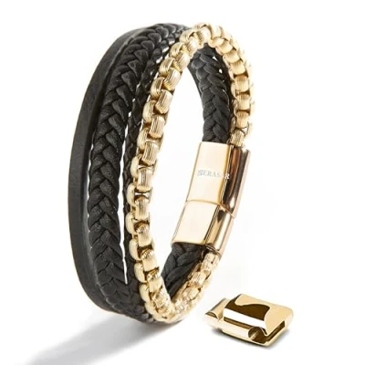 Abbildung von SERASAR Lederarmband Herren 23cm Gold Männer Armband Leder Armreif Lederband Herrenarmreif Armschmuck Schmuck Herrenschmuck Flecht Wickelarmband Kette Leather Bracelet