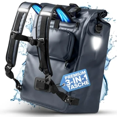 Abbildung von Büchel 3in1 Fahrradtasche für Gepäckträger, nutzbar als Rucksack, Umhängetasche oder Gepäckträgertasche Fahrrad Tasche Wasserdicht &amp; Reflektierend mit 22L Kapazität und Anti Rutsch Boden