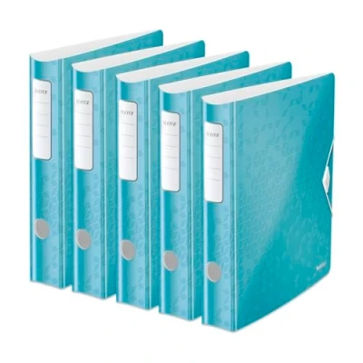 Abbildung von Leitz Qualitäts Ordner 180 Active WOW, 5er Pack, A4, Schmal, Abgerundeter Rücken, 6,5 cm breit, Gummibandverschluss, Leichtes Polyfoam, Plastik Ordner, WOW Serie, Eisblau, 11070051
