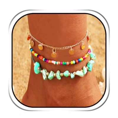 Abbildung von Handcess Boho Layered Türkis Fußkettchen Gold Pailletten Quaste Knöchel Armbänder Strand Perlen Fußketten für Frauen und Mädchen