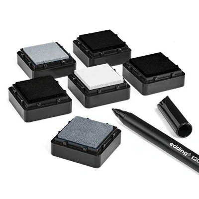 Abbildung von KATINGA Stempelkissen (6er Set) mit Stift für Fingerabdrücke, zum Basteln und kreativen Gestalten SCHWARZ/WEISS)
