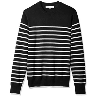 Abbildung von Amazon Essentials Herren Pullover mit Rundhalsausschnitt (in Übergrößen erhältlich), Schwarz Weiß Platzierter Streifen, XL