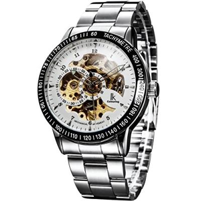 Abbildung von Alienwork IK Automatikuhr Armbanduhr Herren Damen Silber Edelstahl Metallarmband Weiss Skelett Glasboden