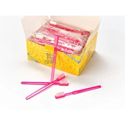 Abbildung von Dr. Bauer&#039;s Einmalzahnbürsten, einzeln verpackt, mit Zahnpasta auf der Bürste, 4 reihigem Bürstenkopf, ideal für unterwegs, Reise oder Zahnarzt Praxis (pink, 100er Pack)