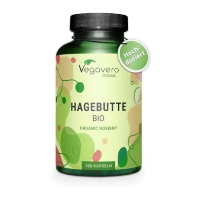 Abbildung von BIO HAGEBUTTEN Kapseln hochdosiert EU Anbau 700 mg pro Kapsel Laborgeprüft Hagebuttenpulver Vegan ohne Zusatzstoffe Deutsche Produktion von Vegavero® 180