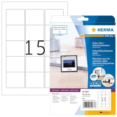 Abbildung von HERMA 5087 Disketten Etiketten 3,5 Zoll, 25 Blatt, 59 x 50 mm, 15 pro A4 Bogen, 375 Stück, selbstklebend, bedruckbar, matt, blanko Papier ZIP Disk Klebeetiketten Aufkleber, weiß